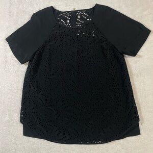 Rebecca Taylor Short Sleeve Hi Low Hem Silk Eyelet T-Shirt Black Women's Size 6
